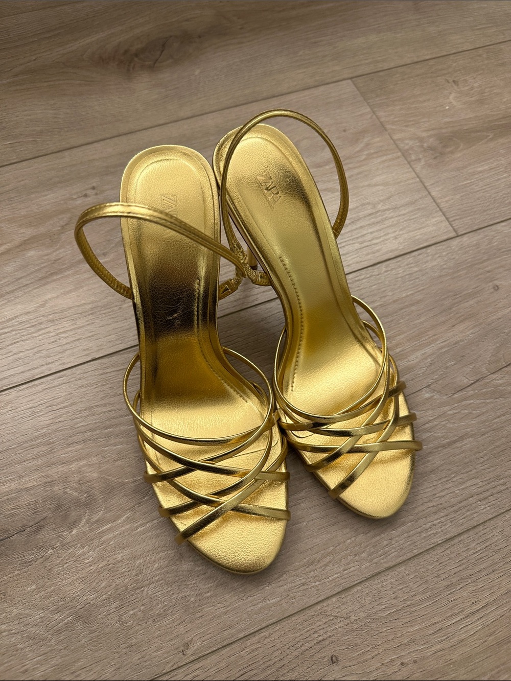 Zara Metallic Gold Strappy High Heel Sandals
